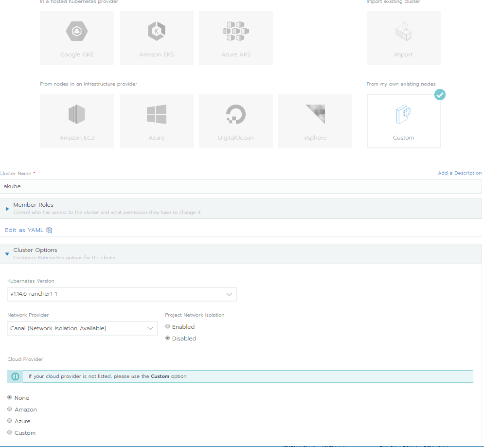 Rancher create cluster form