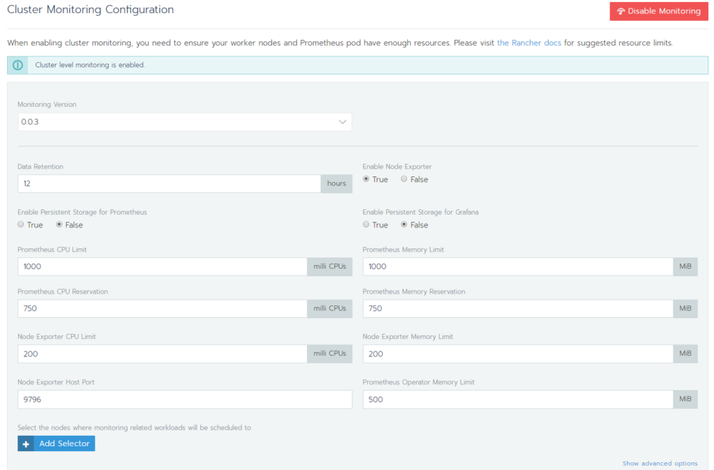 rancher enable monitoring for custer